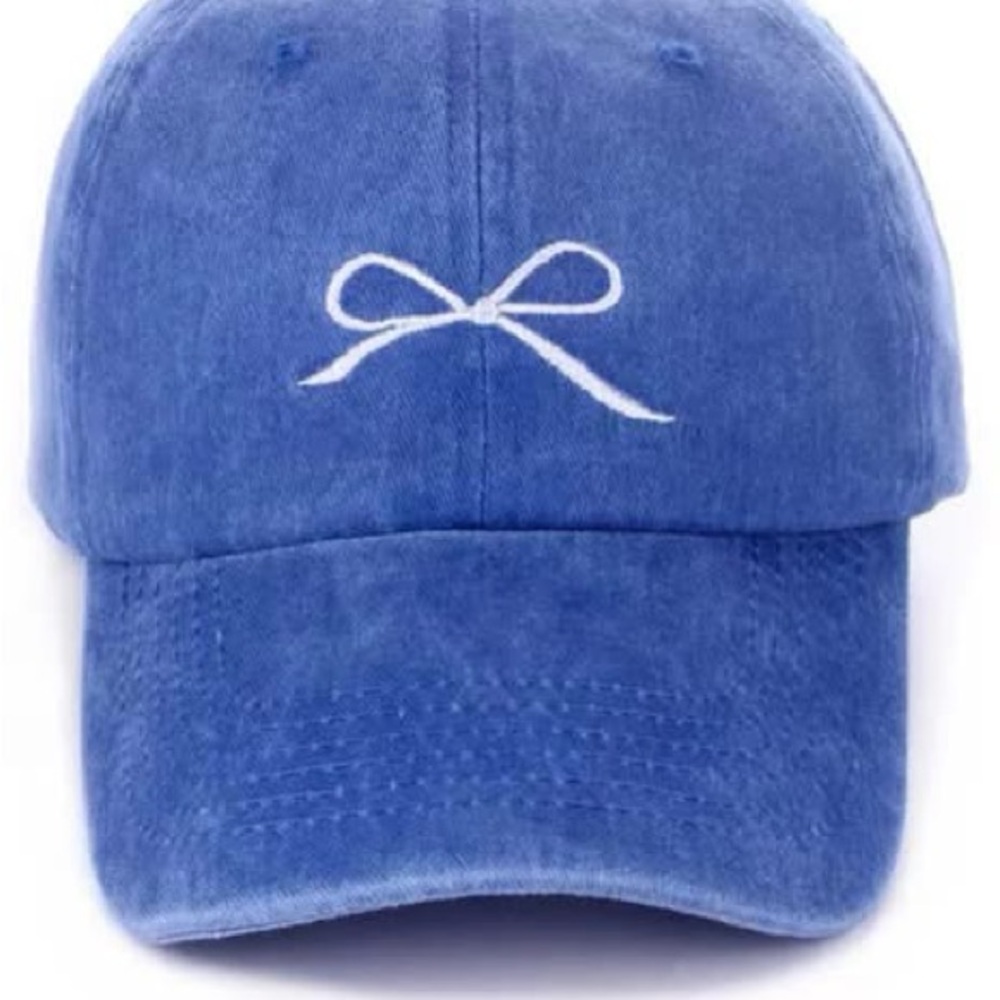 Blue Cap with White Bow Embroidery